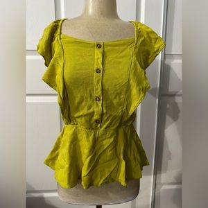 EUC Moa Moa woven rayon chartreuse ruffle sleeve peplum summer blouse size small